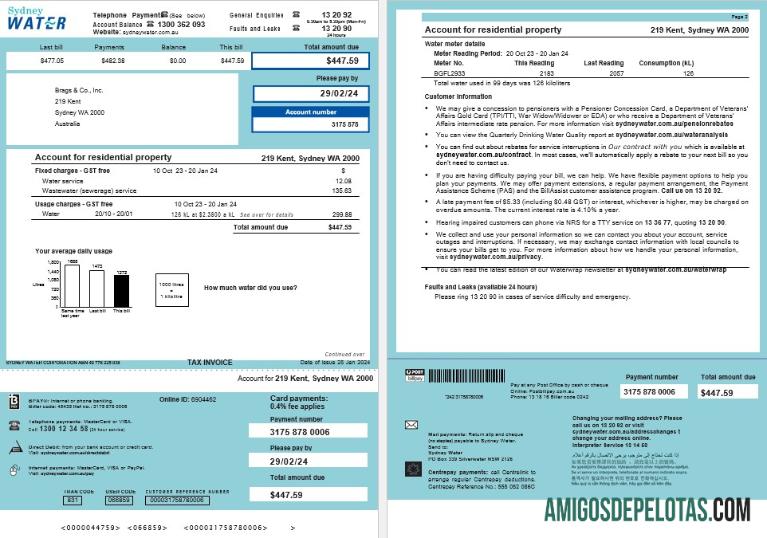 para download Conta de serviços públicos de água de Sydney na Austrália, modelo Word e PDF, 2 páginas